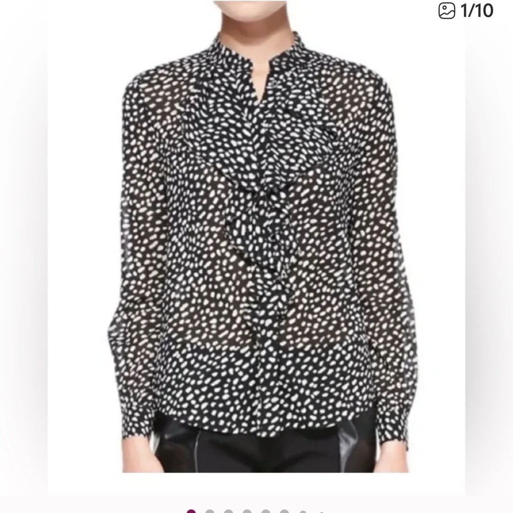 Tory Burch Black & Cream Veta Sheer Silk Blend  Blouse in Dot Print Top size 4